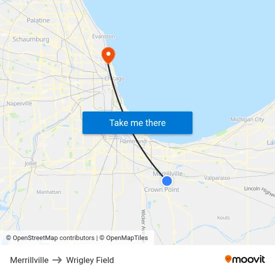 Merrillville to Wrigley Field map