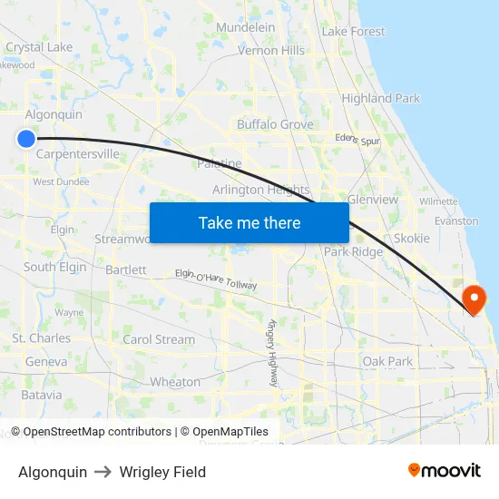 Algonquin to Wrigley Field map
