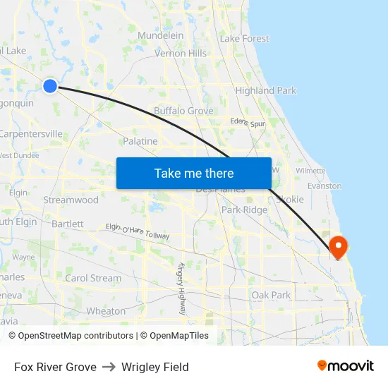 Fox River Grove to Wrigley Field map