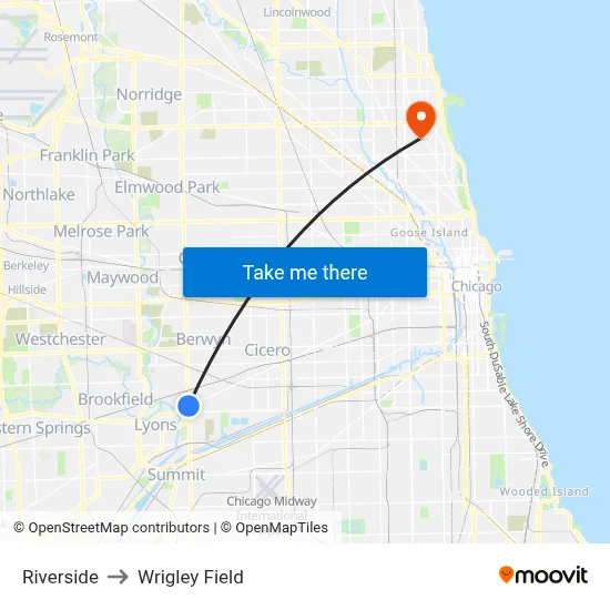 Riverside to Wrigley Field map