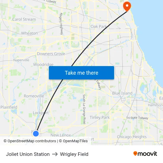 Joliet Union Station to Wrigley Field map