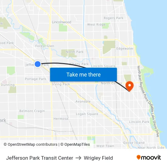 Jefferson Park Transit Center to Wrigley Field map