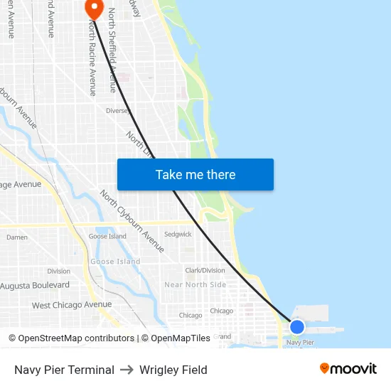 Navy Pier Terminal to Wrigley Field map