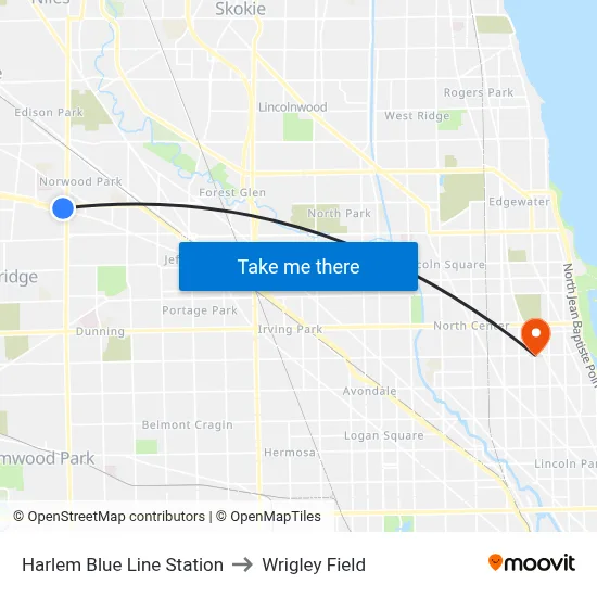 Harlem Blue Line Station to Wrigley Field map