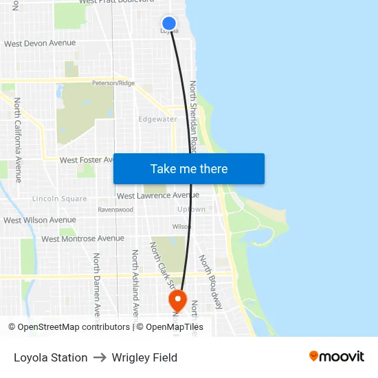 Loyola Station to Wrigley Field map