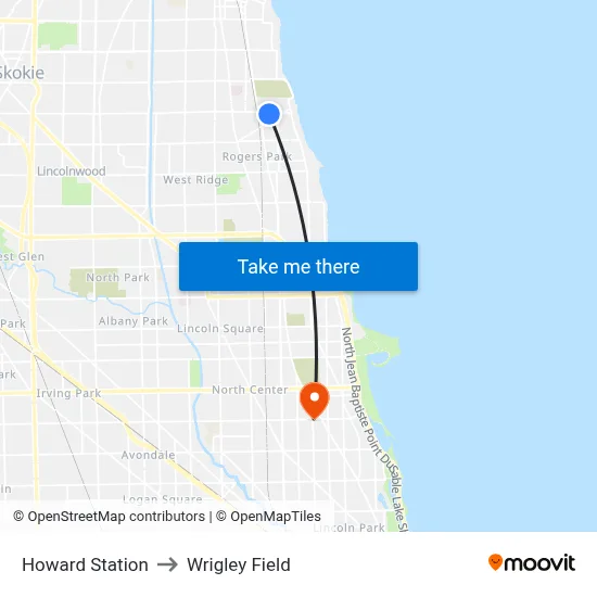 Howard Station to Wrigley Field map