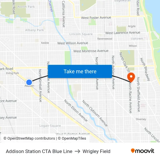 Addison Station CTA Blue Line to Wrigley Field map