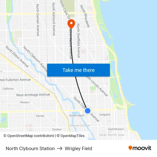 North Clybourn Station to Wrigley Field map
