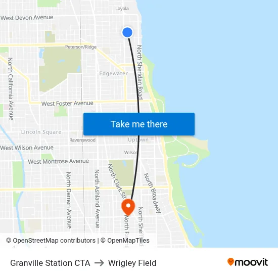 Granville Station CTA to Wrigley Field map