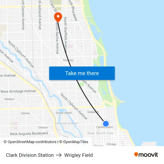 Clark Division Station to Wrigley Field map