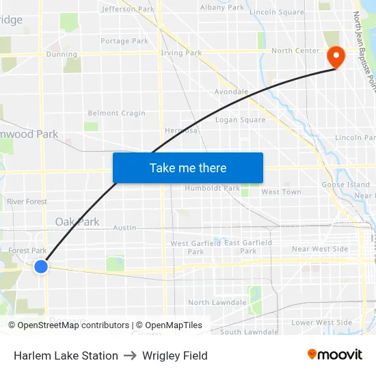 Harlem Lake Station to Wrigley Field map