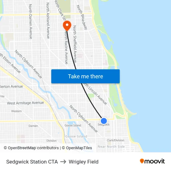 Sedgwick Station CTA to Wrigley Field map