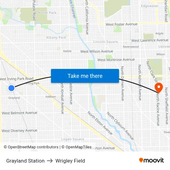 Grayland Station to Wrigley Field map