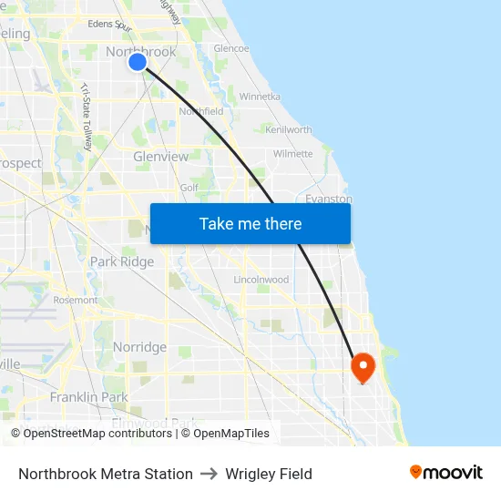 Northbrook Metra Station to Wrigley Field map