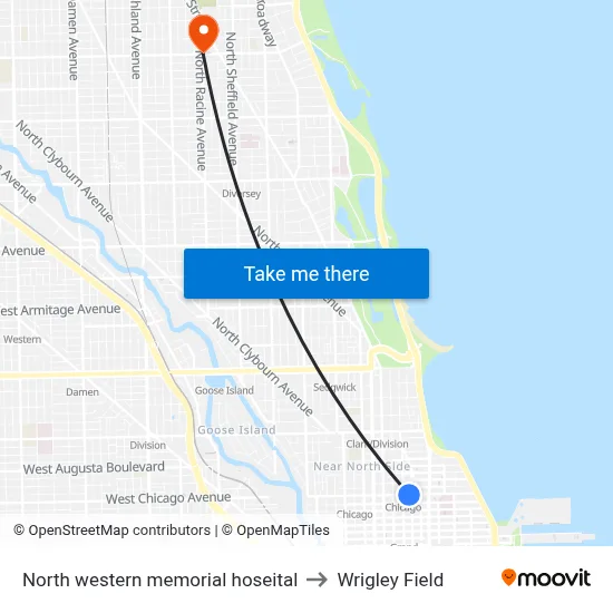 North western memorial hoseital to Wrigley Field map