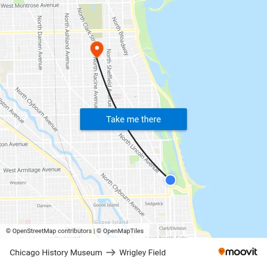 Chicago History Museum to Wrigley Field map
