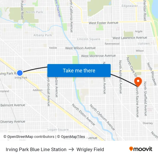 Irving Park Blue Line Station to Wrigley Field map