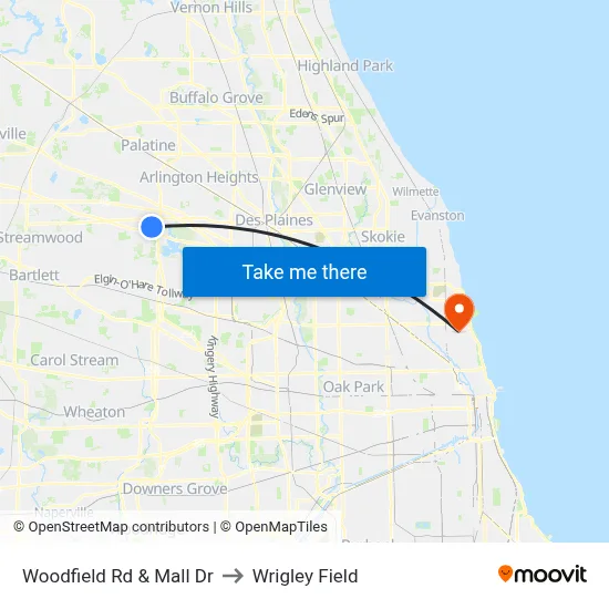 Woodfield Rd & Mall Dr to Wrigley Field map