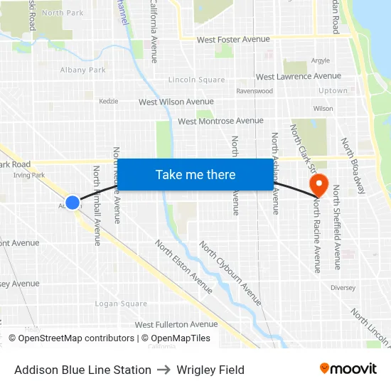 Addison Blue Line Station to Wrigley Field map