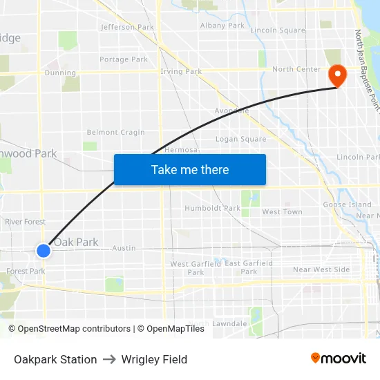 Oakpark Station to Wrigley Field map