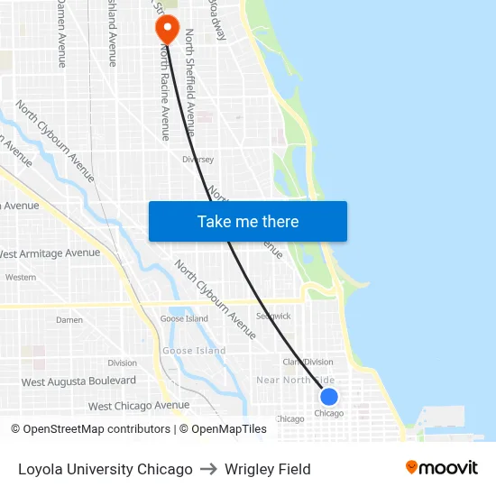 Loyola University Chicago to Wrigley Field map