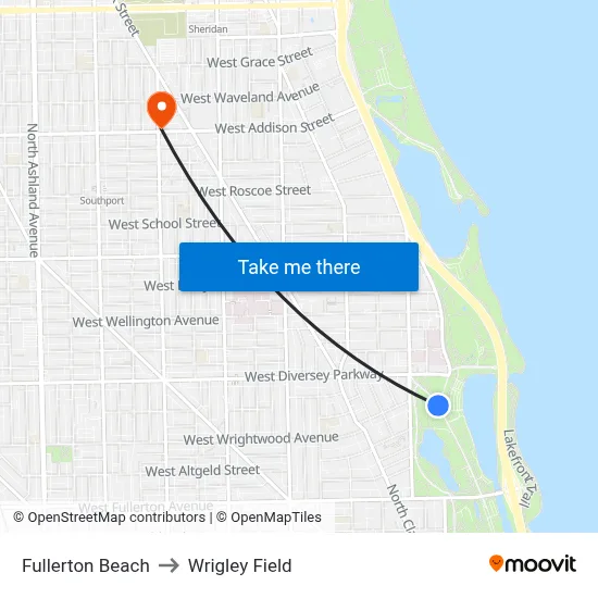 Fullerton Beach to Wrigley Field map
