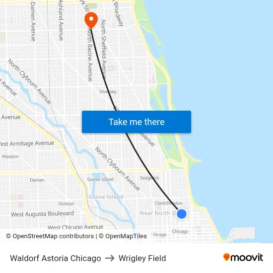 Waldorf Astoria Chicago to Wrigley Field map