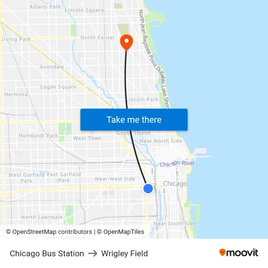 Chicago Bus Station to Wrigley Field map