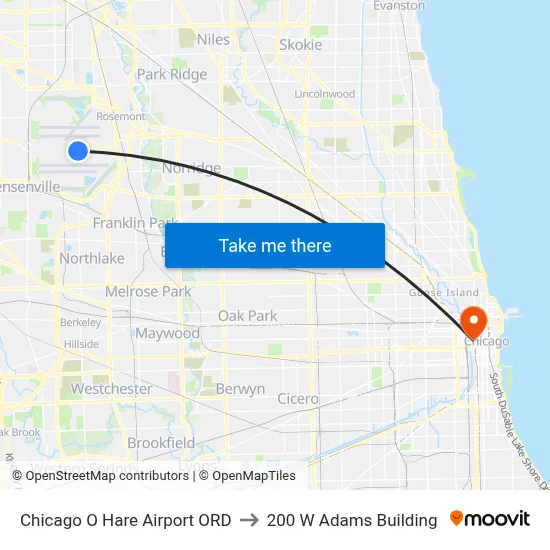 Chicago O Hare Airport ORD to 200 W Adams Building map