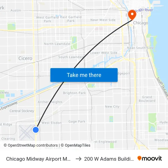Chicago Midway Airport MDW to 200 W Adams Building map