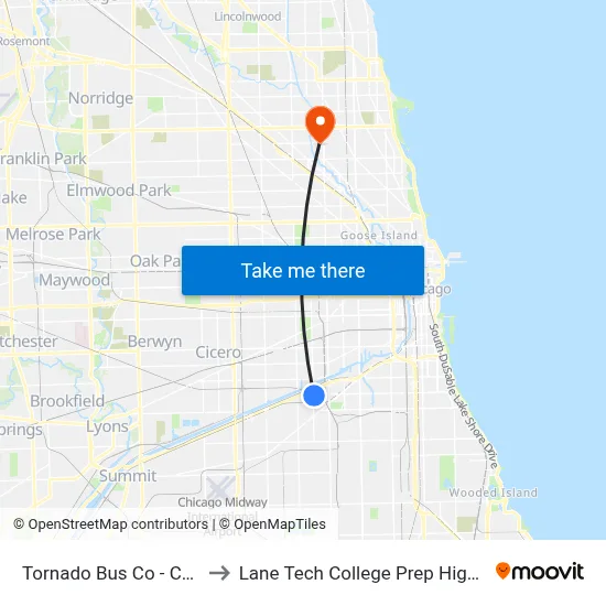 Tornado Bus Co - Chicago to Lane Tech College Prep High School map