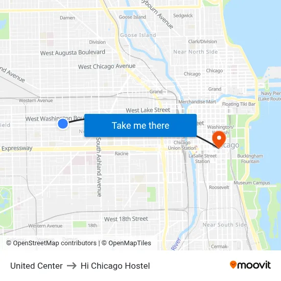 United Center to Hi Chicago Hostel map