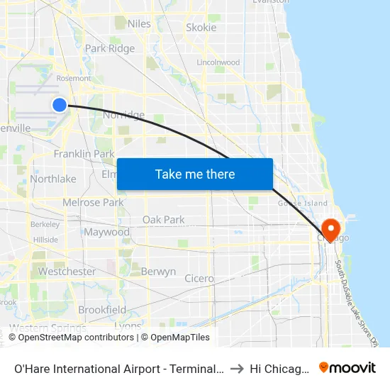 O'Hare International Airport - Terminal 5 Arrivals/Departures to Hi Chicago Hostel map