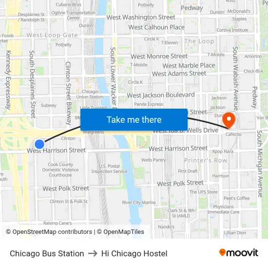 Chicago Bus Station to Hi Chicago Hostel map