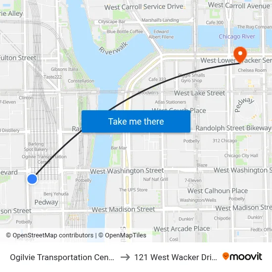 Ogilvie Transportation Center to 121 West Wacker Drive map