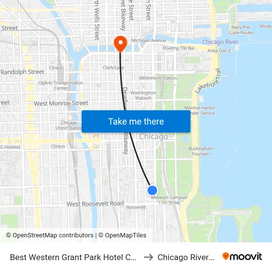 Best Western Grant Park Hotel Chicago to Chicago Riverwalk map