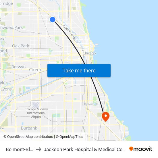 Belmont-Blue to Jackson Park Hospital & Medical Center map