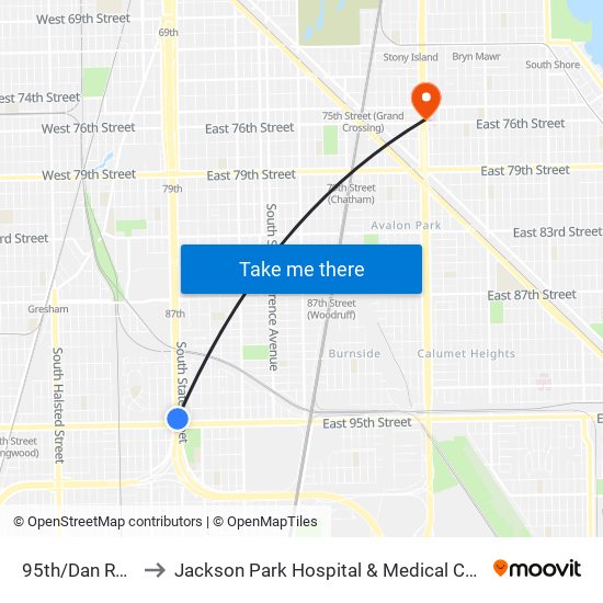 95th/Dan Ryan to Jackson Park Hospital & Medical Center map
