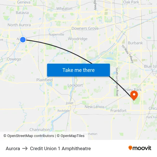 Aurora to Credit Union 1 Amphitheatre map