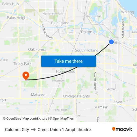 Calumet City to Credit Union 1 Amphitheatre map