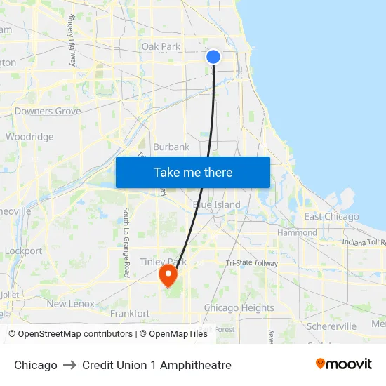 Chicago to Credit Union 1 Amphitheatre map