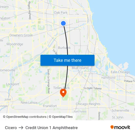 Cicero to Credit Union 1 Amphitheatre map