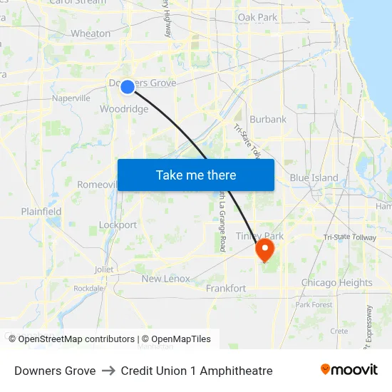 Downers Grove to Credit Union 1 Amphitheatre map