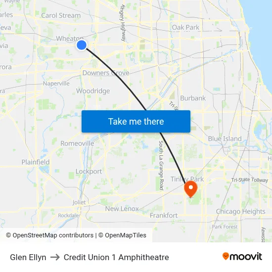 Glen Ellyn to Credit Union 1 Amphitheatre map