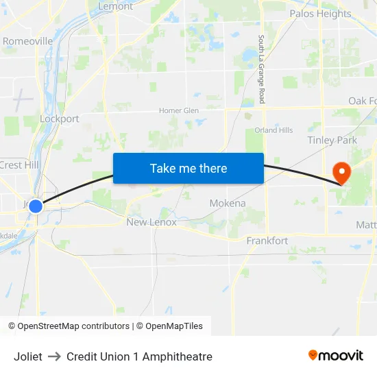 Joliet to Credit Union 1 Amphitheatre map