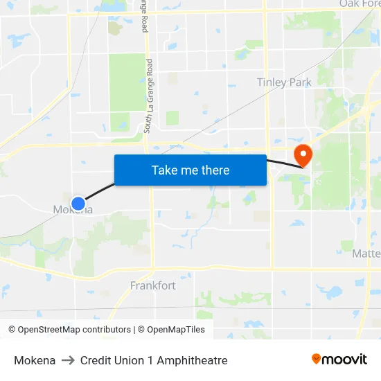 Mokena to Credit Union 1 Amphitheatre map