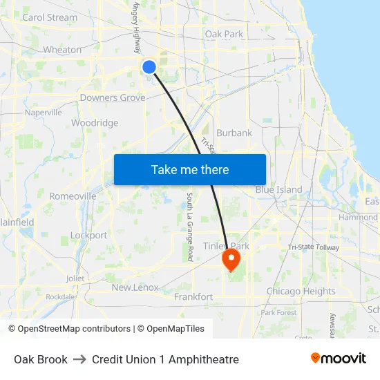 Oak Brook to Credit Union 1 Amphitheatre map
