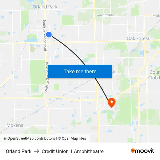 Orland Park to Credit Union 1 Amphitheatre map
