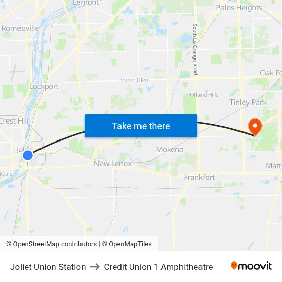 Joliet Union Station to Credit Union 1 Amphitheatre map