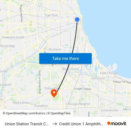 Union Station Transit Center to Credit Union 1 Amphitheatre map